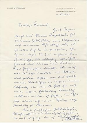 Handschriftlicher Brief von Ernst Metelmann auf seinem Briefpapier, datiert 13.12.1962