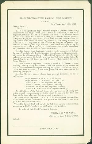 Imagen del vendedor de Headquarters Second Brigade, First Division, N.G.S.N.Y. New York, April 12th, 1878 (death notice of Col. James R. Hitchcock) a la venta por Eureka Books