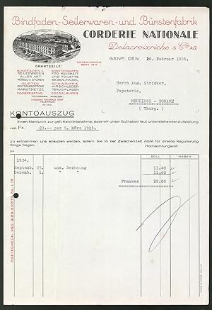 Rechnung Genf 1935, Bindfaden-, Seilerwaren- u. Bürstenfabrik Corderie Nationale Delacroixriche, ...