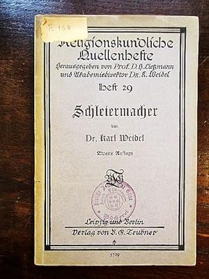 Imagen del vendedor de Schleiermacher. Religionskundliche Quellenhefte Heft 29 a la venta por Rudi Euchler Buchhandlung & Antiquariat
