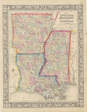 Imagen del vendedor de Map of Louisiana, Mississippi, and Arkansas a la venta por Main Street Fine Books & Mss, ABAA