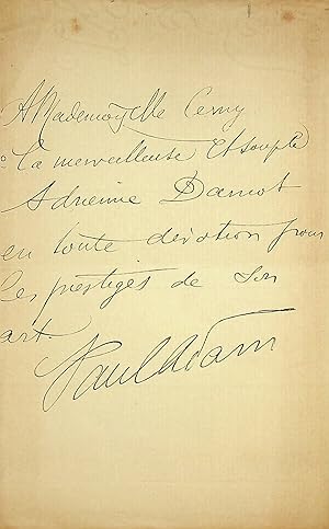 Image du vendeur pour Magnifique envoi autographe sign  la comdienne Berthe Cerny, sur un feuillet volant provenant d'un exemplaire de sa pice de thtre Les Mouettes, comdie en 3 actes, cre le 14 novembre 1906,  la Comdie Franaise. mis en vente par Librairie  la Demi-Lune