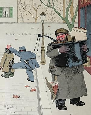 gravure ancienne caricature humour Métiers le marchand de marrons Scène de rue 1900 Tirage RARE à...