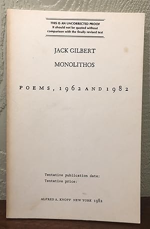 Seller image for MONOLITHOS: Poems, 1962 and 1982. (Uncorrected Proof Copy) for sale by Lost Horizon Bookstore