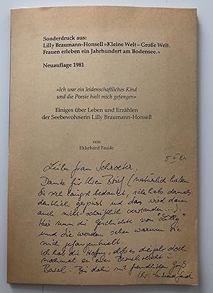 Imagen del vendedor de Kleine Welt - Groe Welt. Frauen erleben ein Jahrhundert am Bodensee". Sonderdruck aus Neuauflage. Einiges ber Leben und Erzhlen der Seebewohnerin Lilly Braumann-Honsell von Ekkehard Faude. a la venta por Michael Steinbach Rare Books