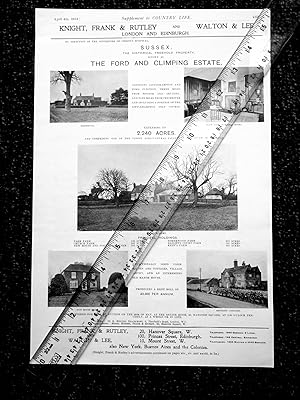 Imagen del vendedor de The FORD and CLIMPING ESTATE, Sussex. inc Bailiff's Court, Brookpit Cottages. Northwood, & Farms a full page property advertisement from 1914 Country Life Magazine. a la venta por Tony Hutchinson