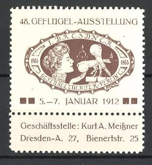 Seller image for Reklamemarke Dresden, 48. Geflgel-Ausstellung 1912, Frau spricht zu ihren Vgeln for sale by Bartko-Reher