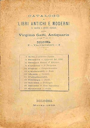 Catalogo di libri antichi e moderni in vendita. presso Virginio Gatti antiquario, Bologna