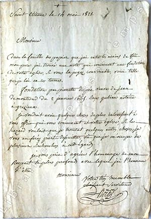 Image du vendeur pour Archives / Ensemble de 8 documents concernant l'glise de Grzieu-le March [Lettre de Roche  Verruy / Lettre de Baron  Buffard / Lettre du Prfet Rivet au Maire P. Viricel / Acte pour vente d'un btiment Franoise Ferlay  Buffard et P. Viricel / Rtrocession des immeubles acquis par la Commune,  la Fabrique de Gzieux, Buffard et P. Viricel (acte) / Copie d'une dlibration du Conseil de Fabrique signe Son / Cahier des charges et devis pour la reconstruction de la cure de Grzieu par B. J. A. Viricel, J.-B. Giraud et J. Giraud / Acte de la reconstruction de la cure de Grzieu par B. J. A. Viricel, J.-B. Giraud et J. Giraud]. mis en vente par Jean-Paul TIVILLIER