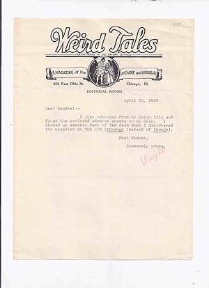 Seller image for SIGNED, Typed Letter from FARNSWORTH WRIGHT to DONALD WANDREI, on WEIRD TALES Stationery/Letterhead - 1928 for sale by Leonard Shoup
