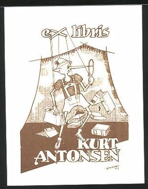 Bild des Verkufers fr Exlibris Kurt Antonsen, Pinocchio mit langer Nase und Bchern zum Verkauf von Bartko-Reher