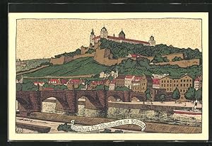 Steindruck-Ansichtskarte Würzburg, Alte Mainbrücke mit Festung