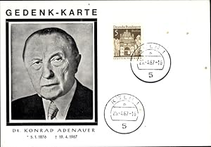 Bild des Verkufers fr Ansichtskarte / Postkarte Gedenkkarte Konrad Adenauer, Von 1949 bis 1963 erster Bundeskanzler der BRD, Portrait zum Verkauf von akpool GmbH