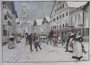 kolorierter Holzstich Fastnacht in Mittenwald ( Fasching Brauchtum Bayern )