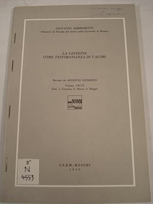 Imagen del vendedor de La Sanzione come testimonianza di Valori. (= Archivio Giuridico, Vol. CXCVI). a la venta por Antiquariat Bookfarm