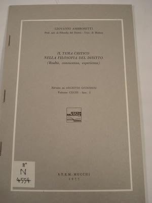 Imagen del vendedor de Il Tema Critico Nella Filosofia Del Diritto. (= Archivio Giuridico, Vol. CXCIII). a la venta por Antiquariat Bookfarm