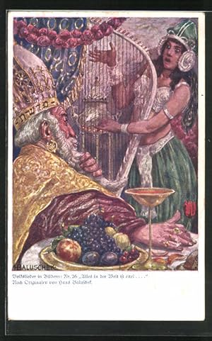 Bild des Verkufers fr Knstler-Ansichtskarte Hans Baluschek: Alles in der Welt ist eitel, Orientalische Frau spielt fr Knig an der Harfe zum Verkauf von Bartko-Reher