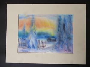 A. Bajorat Original Aquarell "Wintermorgen Finnisch-Lappland", handsigniert Original-Blatt 1979