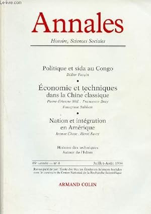 Bild des Verk�ufers f�r Annales N�4 Juillet-Ao�t 1994 - Politique et sida au Congo - Ecomomie et technique en Chine - Nation et int�grisme en Am�rique - Autour de l'Islam zum Verkauf von Le-Livre