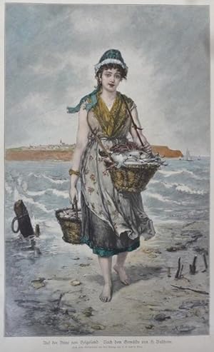 kolorierter Holzstich Auf der Düne von Helgoland ( Fischerfrau )