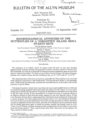 Image du vendeur pour Biogeographical affinities of the butterflies of a 'forgotten' island: Mona (Puerto Rico) mis en vente par PEMBERLEY NATURAL HISTORY BOOKS BA, ABA