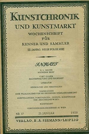 Bild des Verkufers fr Kunstchronik und Kunstmarkt. Wochenschrift fr Kenner und Sammler. 55. Jahrgang, Neue Folge XXXI. Nr. 17, 23. Januar 1920. zum Verkauf von Online-Buchversand  Die Eule