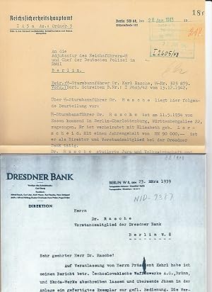 Karl Rasche und die Dresdner Bank im Nationalsozialismus, 1943. Konvolut aus 2 Faksimiles.