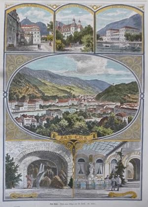 kolorierter Holzstich Bad Ems ( Vielansicht Souvenirblatt )