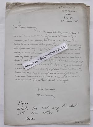 Imagen del vendedor de Original Thermal Fax (March 20, 1989) To David Hockney Staff Member From Cavan Butler Of Tradhart Ltd., London, Regarding David Hockney Fan Letter a la venta por Bloomsbury Books