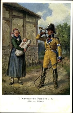 Künstler Ansichtskarte / Postkarte Müller, Gustav, Kursächsischer Postillion 1780 bläst zur Abfahrt