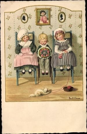 Künstler Ansichtskarte / Postkarte Ebner, Pauli, Junge mit Blumenstrauß zwischen zwei Mädchen, St...