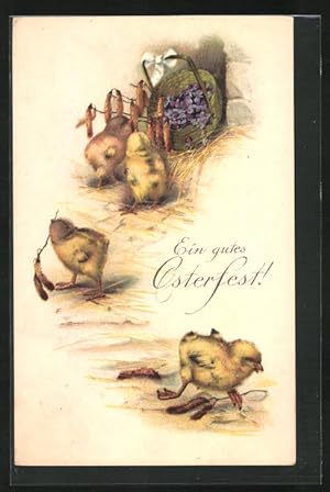 Bild des Verkufers fr Ansichtskarte Osterkken stehlen kleine Zweige aus einem Blumenkrbchen zum Verkauf von Bartko-Reher