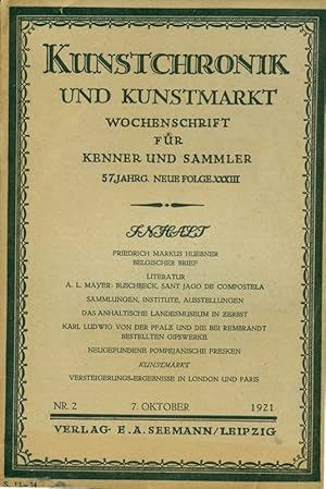 Bild des Verkufers fr Kunstchronik und Kunstmarkt. Wochenschrift fr Kenner und Sammler. 57. Jahrgng, Neue Folge XXXIII. Nr. 2, 7.Oktober 1921. zum Verkauf von Online-Buchversand  Die Eule