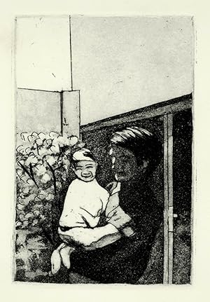 Superbe estampe originale moderne art contemporain femme mère et enfant engraving