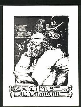 Bild des Verkufers fr Exlibris M. Lehmann, Alter Mann am lesen zum Verkauf von Bartko-Reher