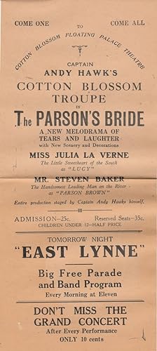 Theaterzettel THE PARSON S BRIDE zur Aufführung Jerome Kern / Oscar Hammerstein II SHOW BOAT Prem...