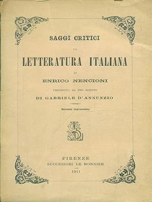 Bild des Verkufers fr Saggi critici di letteratura italiana zum Verkauf von Librodifaccia