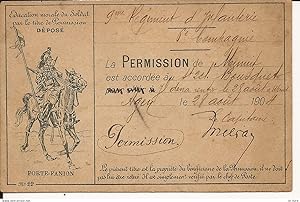 Bild des Verkufers fr PETIT CARTON PERMISSION 9 REGIMENT D'INFANTERIE A AGEN 1904 zum Verkauf von Le-Livre