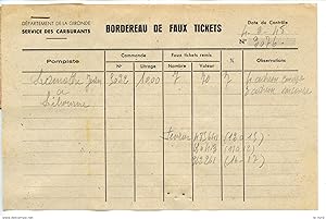 Seller image for RATIONNEMENT BORDEREAU DE FAUX TICKETS DE CARBURANT AUTO GIRONDE LIBOURNE 1948 for sale by Le-Livre
