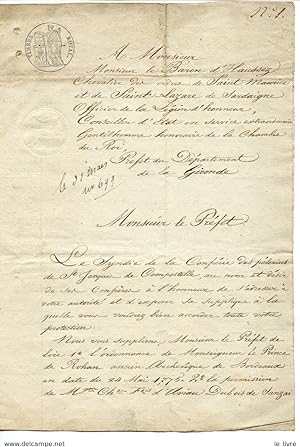 BORDEAUX 1829. LAS SYNDIC CONFRERIE DES PELERINS DE SAINT JACQUES DE COMPOSTELLE DEMANDANT LEURS ...