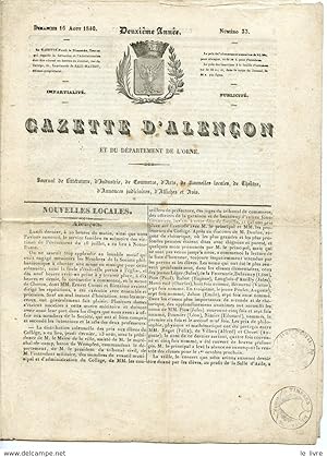 JOURNAL GAZETTE D'ALENCON N°33 ET DE L'ORNE DU DIMANCHE 16 AOUT 1840