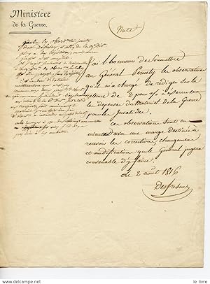 LAS 1816 ENTÊTE MINISTERE GUERRE SIGNEE DESFRESNES TRANSMETTANT AU GENERAL PERNETY OBSERVATION SU...