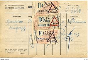 RATIONNEMENT BORDEREAU DE FAUX TICKETS DE CARBURANT AUTO GIRONDE MONGAUZY 1948