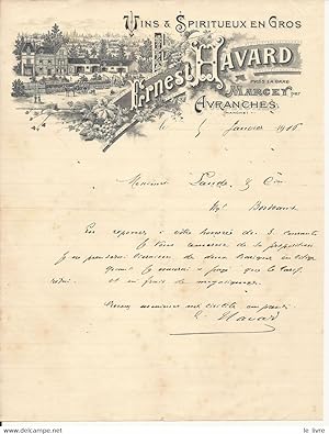 FACTURE COURRIER COMMERCIAL VINS ET SPIRITUEUX EN GROS ERNEST HAVARD A MARCER PAR AVRANCHES 1916