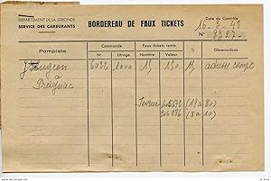 RATIONNEMENT BORDEREAU DE FAUX TICKETS DE CARBURANT AUTO GIRONDE PREIGNAC 1948