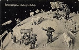 Künstler Ansichtskarte / Postkarte Entdeckung des Nordpols, Eisbären, Zeppelin