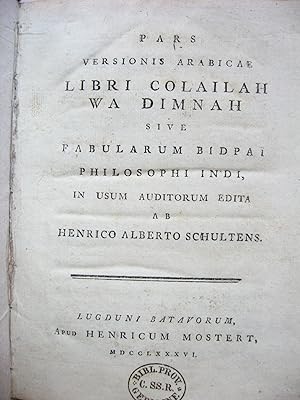 Bild des Verkufers fr Pars versionis arabicae libri Colailah wa Dimnah sive fabularum Bidpai philosophi Indi, zum Verkauf von Antiquariat H. Carlsen