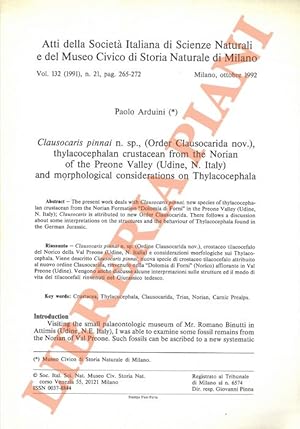 Seller image for Clausocaris pinnai n. sp., (Order Clausocarida nov.), thylacocephalan crustacean from the Norian of the Preone Valley (Udine, N. Italy) and morfological considerations on Thyacocephala. for sale by Libreria Piani