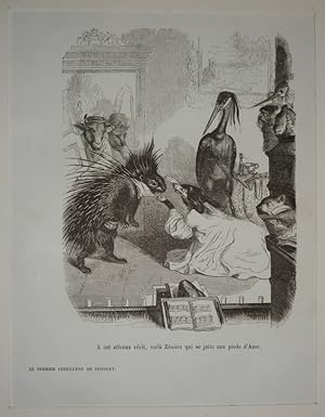 Bild des Verkufers fr Gravure d'aprs J.-J. Grandville tire de "Scnes de la vie prive et publique des animaux" (1853) : Le premier feuilleton de pistolet zum Verkauf von Abraxas-libris