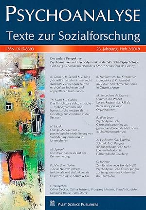 Imagen del vendedor de Psychoanalyse. Texte zur Sozialforschung. Heft 2/2019. 23. Jahrgang. Die andere Perspektive: Psychoanalyse und Psychodynamik in der Wirtschaftspsychologie. Gast-Herausgeber: Thomas Kretschmar & Moritz Senarclens de Grancy. a la venta por Fundus-Online GbR Borkert Schwarz Zerfa